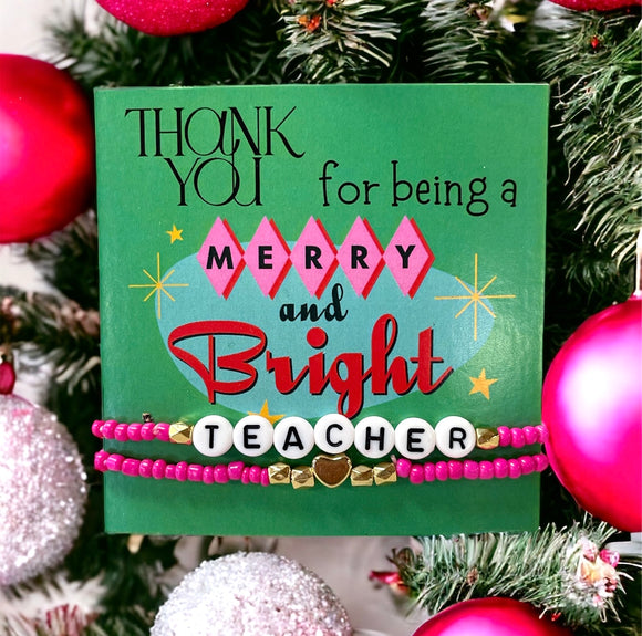 Wholesale | 6 packs | merry and bright teacher Bracelets with Cards