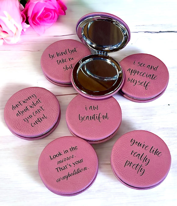 Wholesale |5| Pink Compact Mirrors Engraved Custom Leatherette