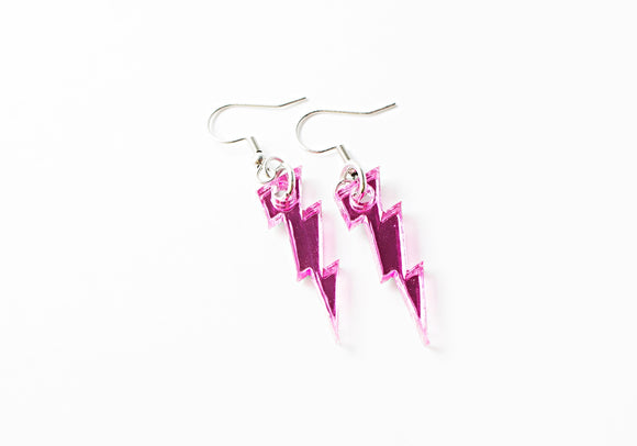 Wholesale | 10 Pair | Lightning Bolt Mirror Pink Acrylic Drop Earrings