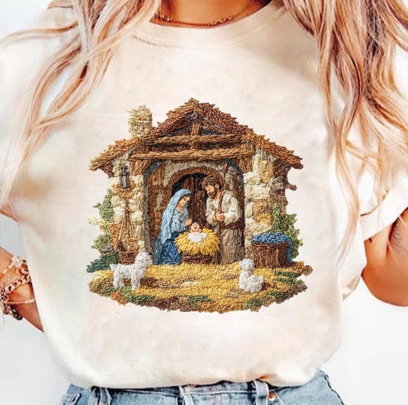 WS Faux Embroidery Christmas Jesus Nativity Scene T Shirt