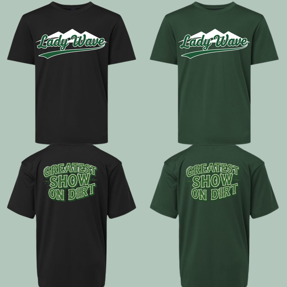 NMYBBSB Performance T in Black Lady Wave with Greatest Show on Earth on back Softball - Youth & Adult