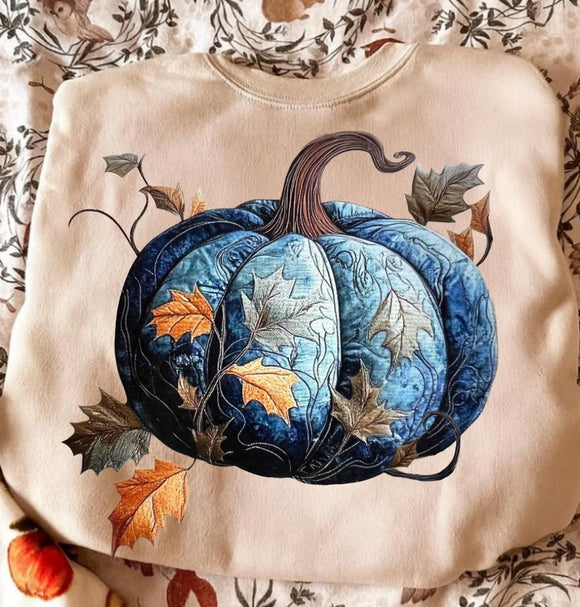 Wholesale Blue Pumpkin Leaf Sweatshirt Graphic Fall Clothing for Her