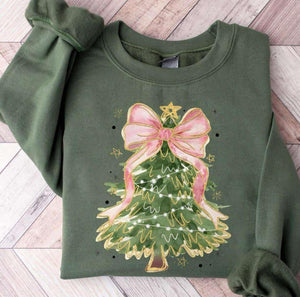 Wholesale Christmas Tree Coquette Pink Bow Sweatshirt - Green