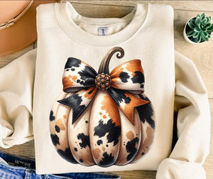 Pumpkin Cowprint Coquette Bow Sweatshirt for Fall