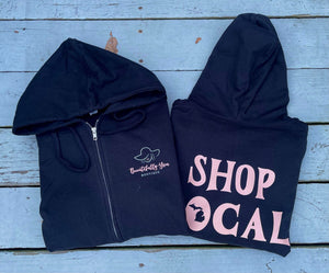 Black Full Zip Hoodie with Shop Local (your state) and Your Logo on Front