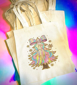 Wholesale |10| Holographic Christmas Tree Tote Bags - Grocery Bags