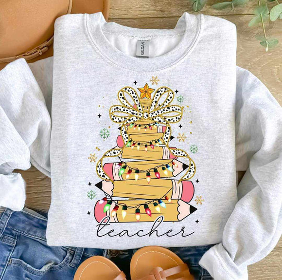 Wholesale Teacher Pencil Coquette Christmas Tree Sweatshirt-Ash