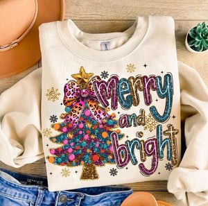 Wholesale Merry and Bright Faux Glitter Christmas Sweatshirt - Sand