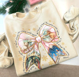 Wholesale Coquette Bow Christmas Imagery  Sweatshirt - sand