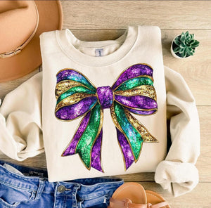 Wholesale Mardi Gras Glitter Coquette Bow Sweatshirt - Sand