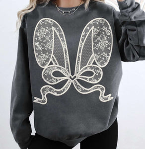 Wholesale Bunny Ears White Faux Lace Design Religion Christian Sweatshirt-Dark Heather