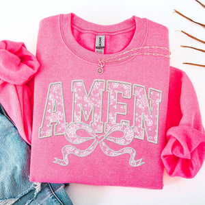 Wholesale AMEN White Faux Lace Design Religion Christian Sweatshirt-Safety Pink