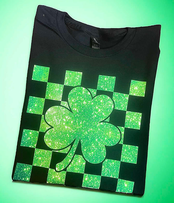 Wholesale Faux Glitter Shamrock St Patrick's Day T Shirt-Black