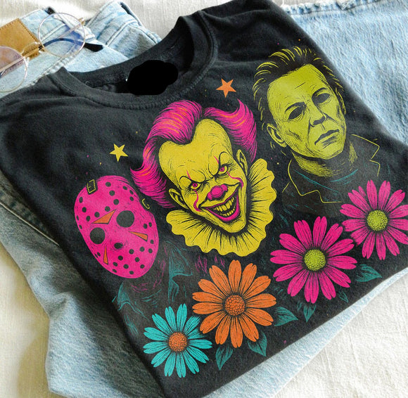Neon Horror Characters Scary Movies Graphic T Shirt Horror Halloween