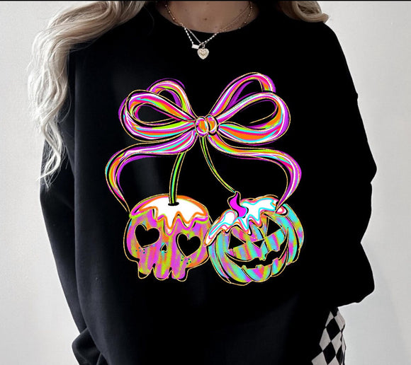 Skull and Pumpkin Cherry Graphic Sweatshirt for Halloween
