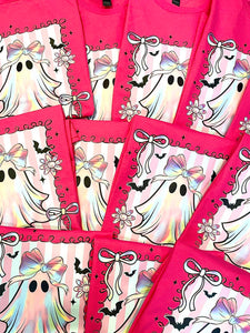 Cute Halloween Graphic Tee Hot Pink Iridescent Ghost Shirt