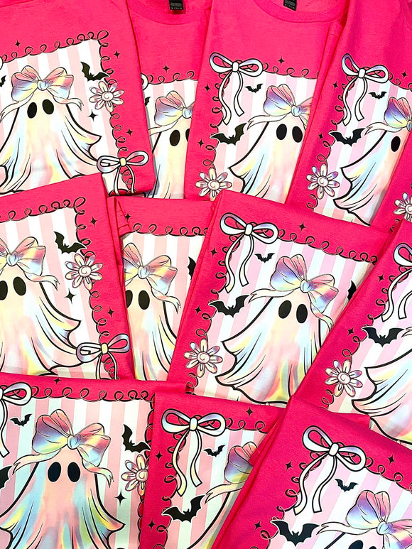 Cute Halloween Graphic Tee Hot Pink Iridescent Ghost Shirt