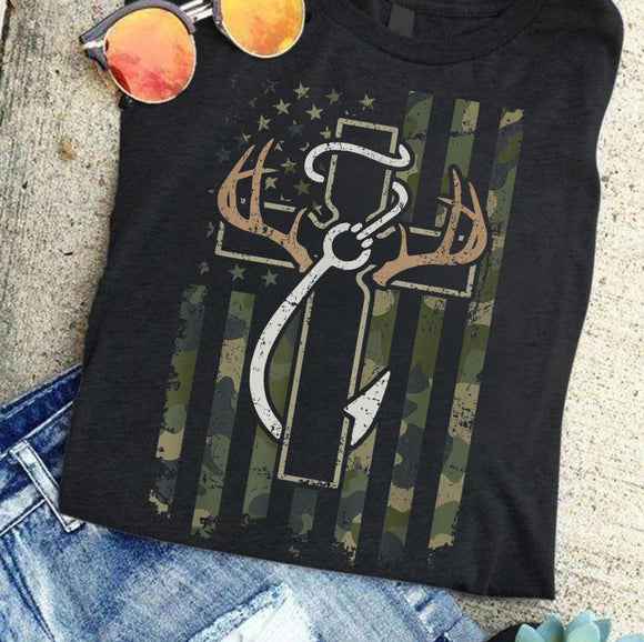 WS Religious Cross Hunting Themed American Graphic T Shirt