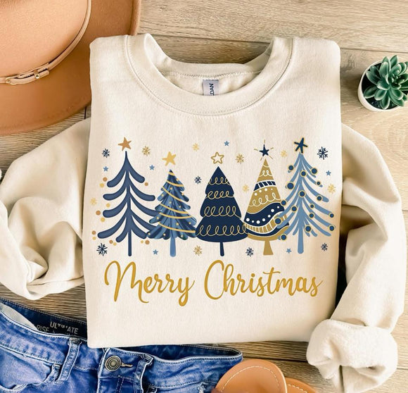 Preppy Merry Christmas Trees Graphic Sweatshirt Blue and Gold