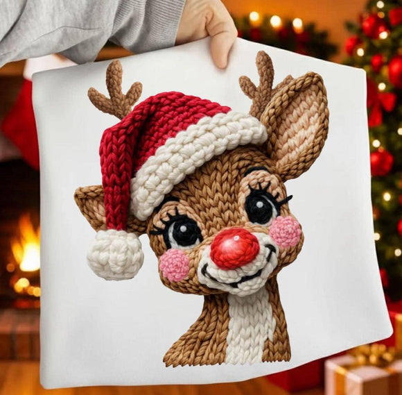WS Christmas Faux Embroidery Rudolph Reindeer Sweatshirt