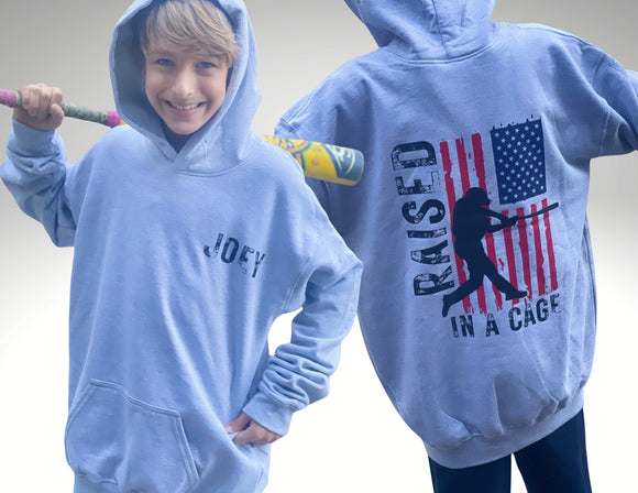 Raised in a Cage Baseball Hoodie in Sport Gray with Custom Name on Front- Adult & Youth