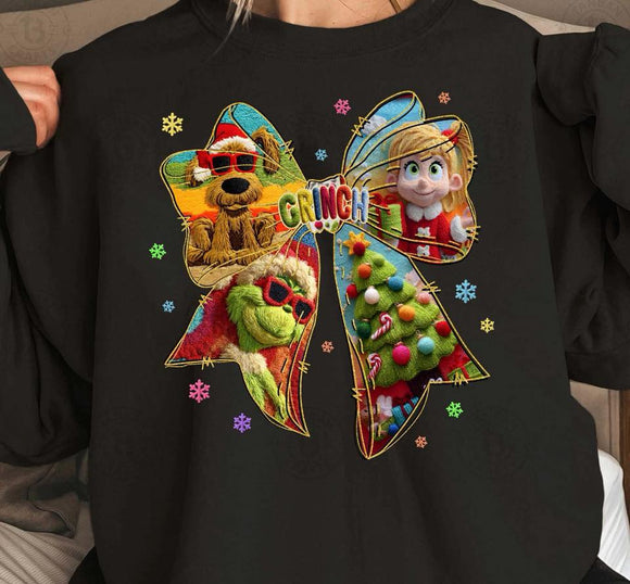 WS Christmas Movie Grinch Bow Faux Embroidery Black Graphic Sweatshirt