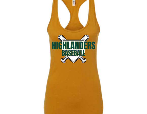 HOW Highlanders Baseball Plate Ladies Racerback Tank Top Antique Gold