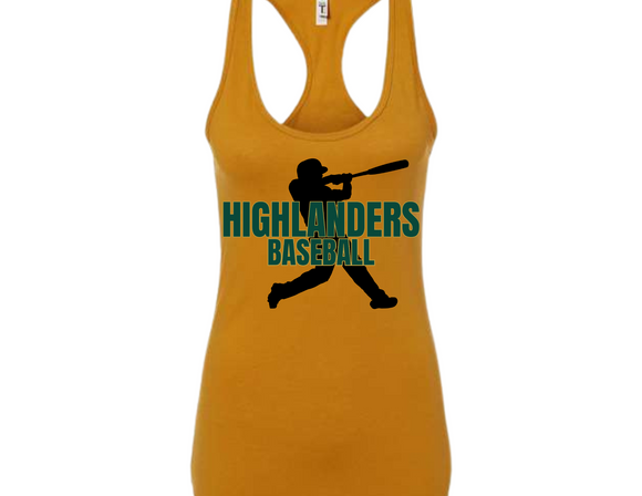 HOW Highlanders Baseball with Player Ladies Racerback Tank Top Antique Gold