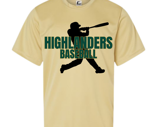 HOW Highlanders Baseball with Player Vegas Gold Performance T Shirt Youth & Adult