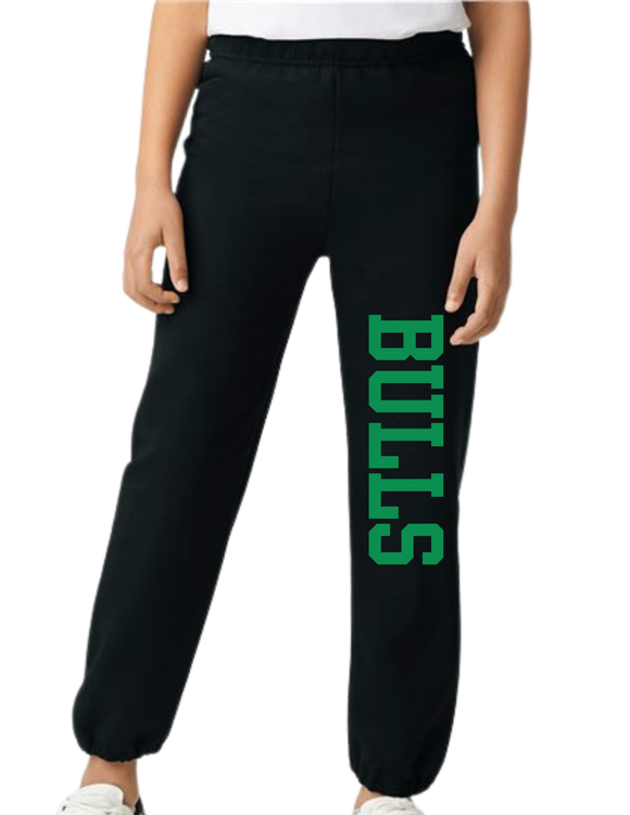 BULL Black Sweatpants- BULLS in Green -  no pockets Youth & Adult