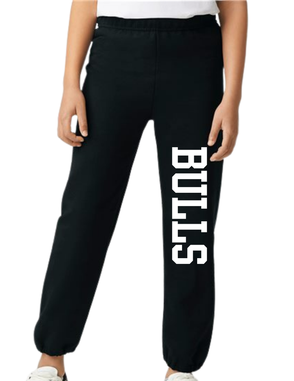 BULL Black Sweatpants- BULLS in White -  no pockets Youth & Adult
