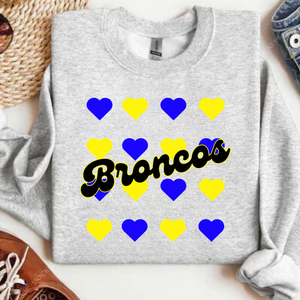 Wholesale School Spirit Sweatshirt Broncos - Ash blue/yellow hearts