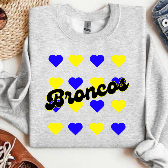 Wholesale School Spirit Sweatshirt Broncos - Ash blue/yellow hearts