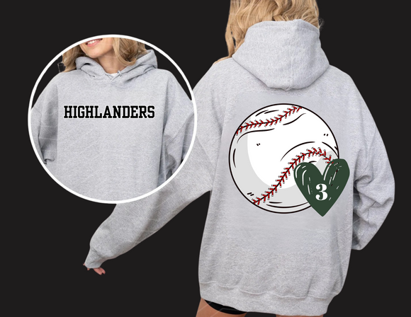 HOW Sport Gray Hoodie Highlanders Ball Heart with # CUSTOMIZABLE! Youth & Adult
