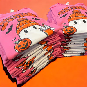 Wholesale Halloween Business Name Custom T Shirt in Pink with Orange Ghost