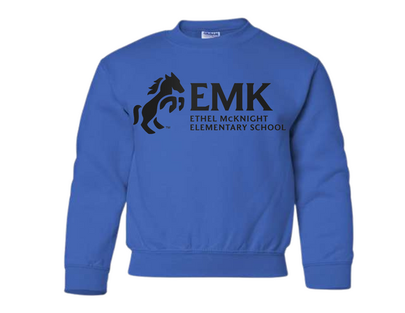 EMK Royal Blue Sweatshirt - Ethel McKnight Elementary EMK Black Logo- Youth & Adult