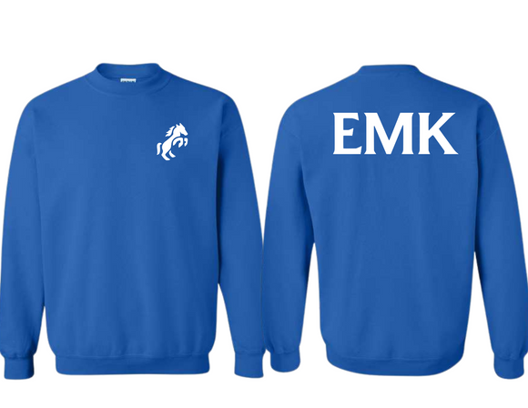 EMK Royal Blue Sweatshirt - Ethel McKnight Elementary EMK Mustang- Youth & Adult