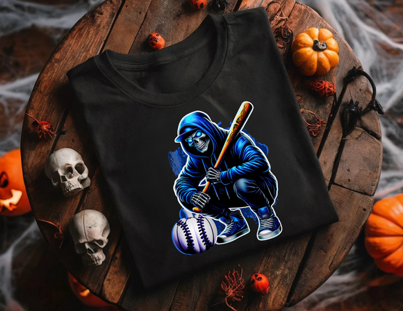 Blue Skeleton Baseball Player Halloween Graphic T Shirt