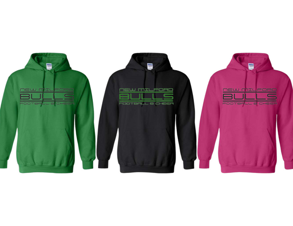 BULL New Milford Bulls Long Logo Hoodie - Adult and Youth - Multi Color Choices
