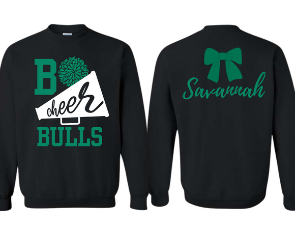 BULL Cheerleader Custom Name Bow Sweatshirt - Black - Youth & Adult