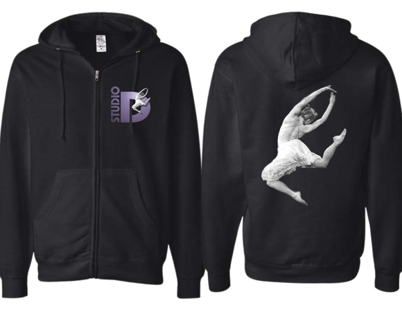 STU Studio D Full Zip Black Hoodie with Logo and Dancer on back - Youth & Adult