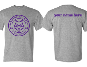 ADNE Sport Gray T Shirt Arroyos Circle Logo in Purple on Front- Youth & Adult