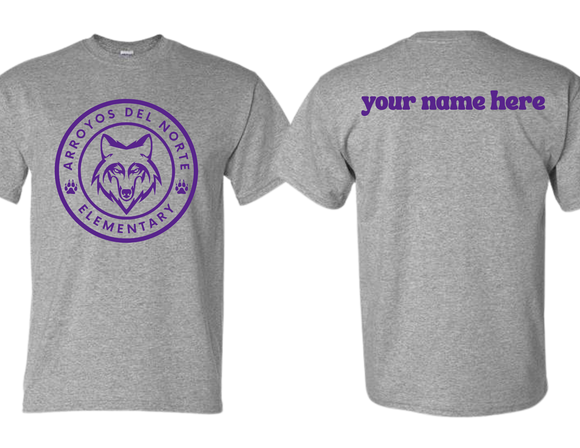 ADNE Sport Gray T Shirt Arroyos Circle Logo in Purple on Front- Youth & Adult