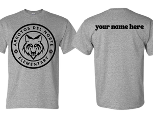 ADNE Sport Gray T Shirt Arroyos Circle Logo in Black on Front- Youth & Adult