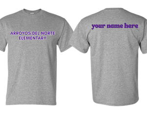 ADNE Sport Gray T Shirt Arroyos Del Norte in Purple on Front- Youth & Adult