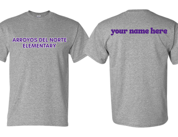 ADNE Sport Gray T Shirt Arroyos Del Norte in Purple on Front- Youth & Adult