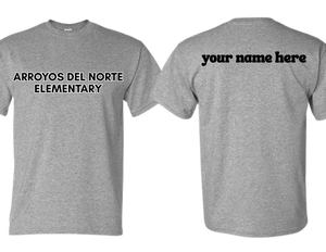 ADNE Sport Gray T Shirt Arroyos Del Norte on Front- Youth & Adult