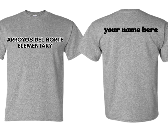 ADNE Sport Gray T Shirt Arroyos Del Norte on Front- Youth & Adult