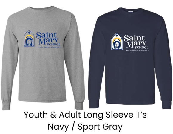 SMS St. Mary's School Long Sleeve T with Big St Marys Logo - Youth & Adult