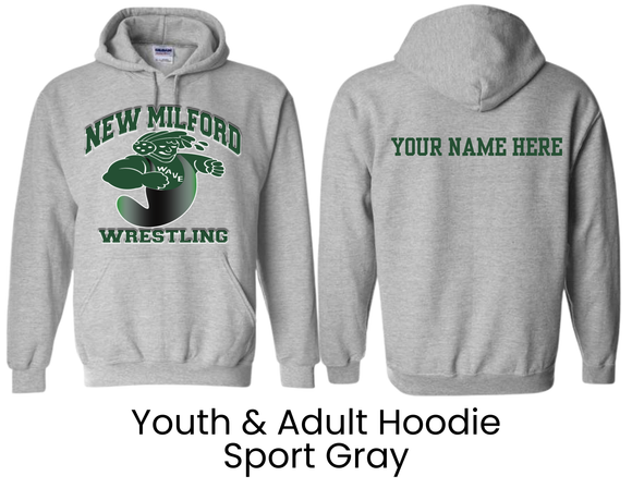 NMWA New Milford Wrestling Sport Gray Hoodie New Milford Wave Green  - Youth & Adult